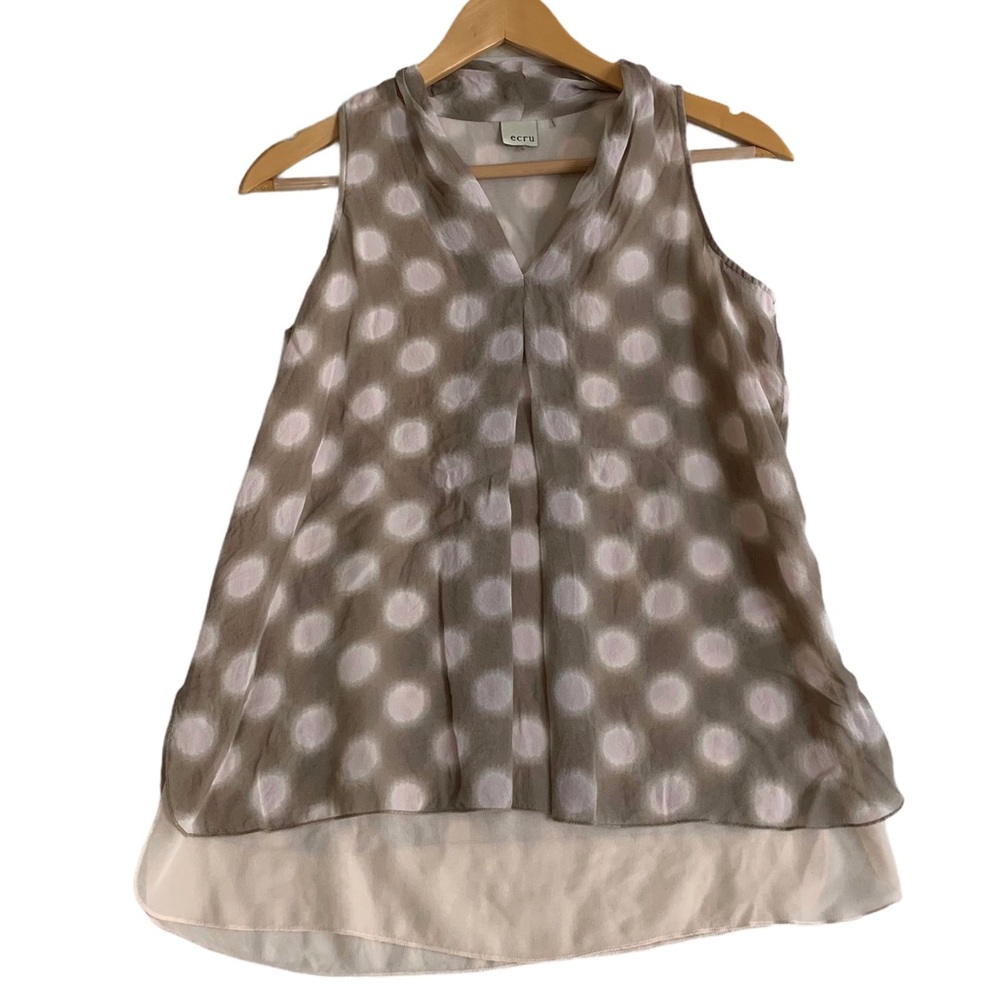 ECRU 100% Silk Brown Pink Polka Dot Sleeveless Blouse Size XS Tank Top